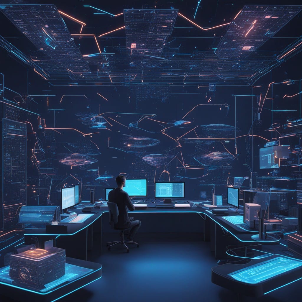 ホログラフィックなコードエディタが浮かぶ未来的なAI開発ワークスペース